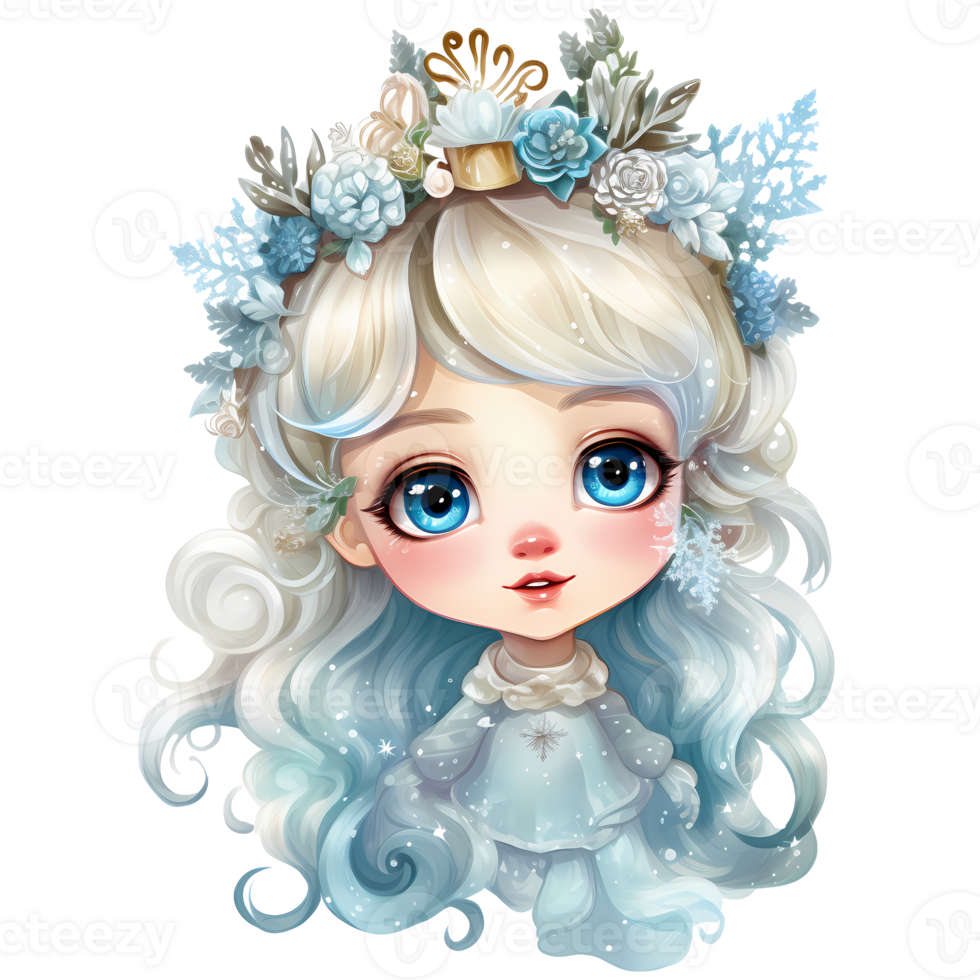 Cute little winter princess in a blue dress and crown, Watercolor illustration AI Generative png