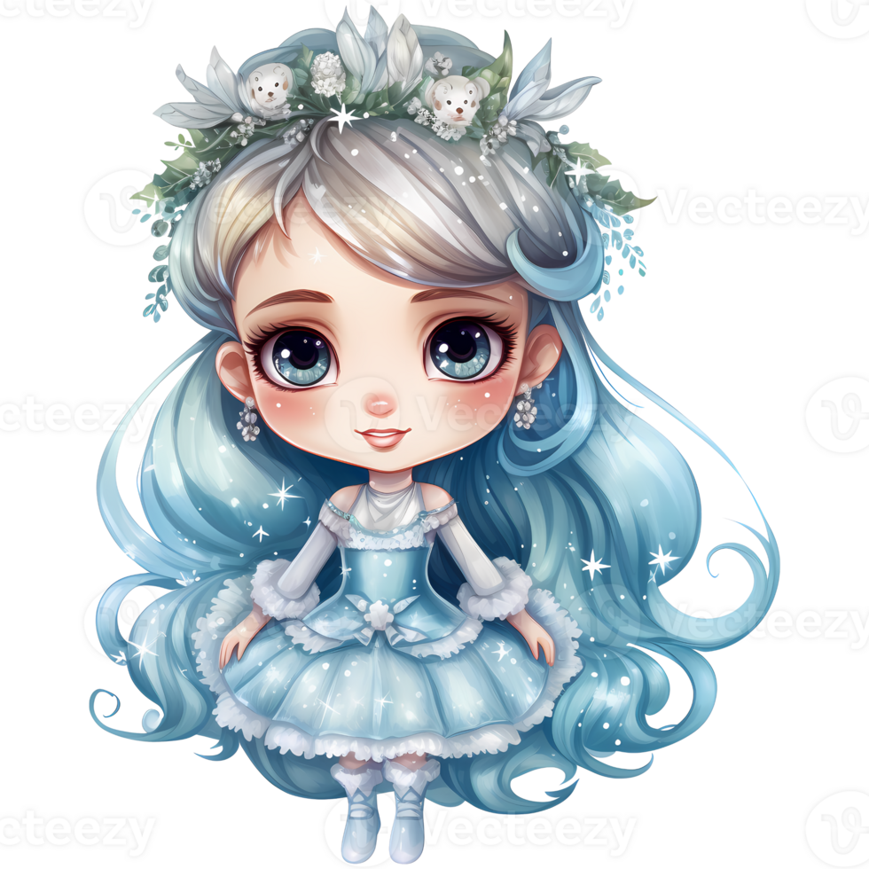 carino poco inverno Principessa nel un' blu vestito e corona, acquerello illustrazione ai generativo png
