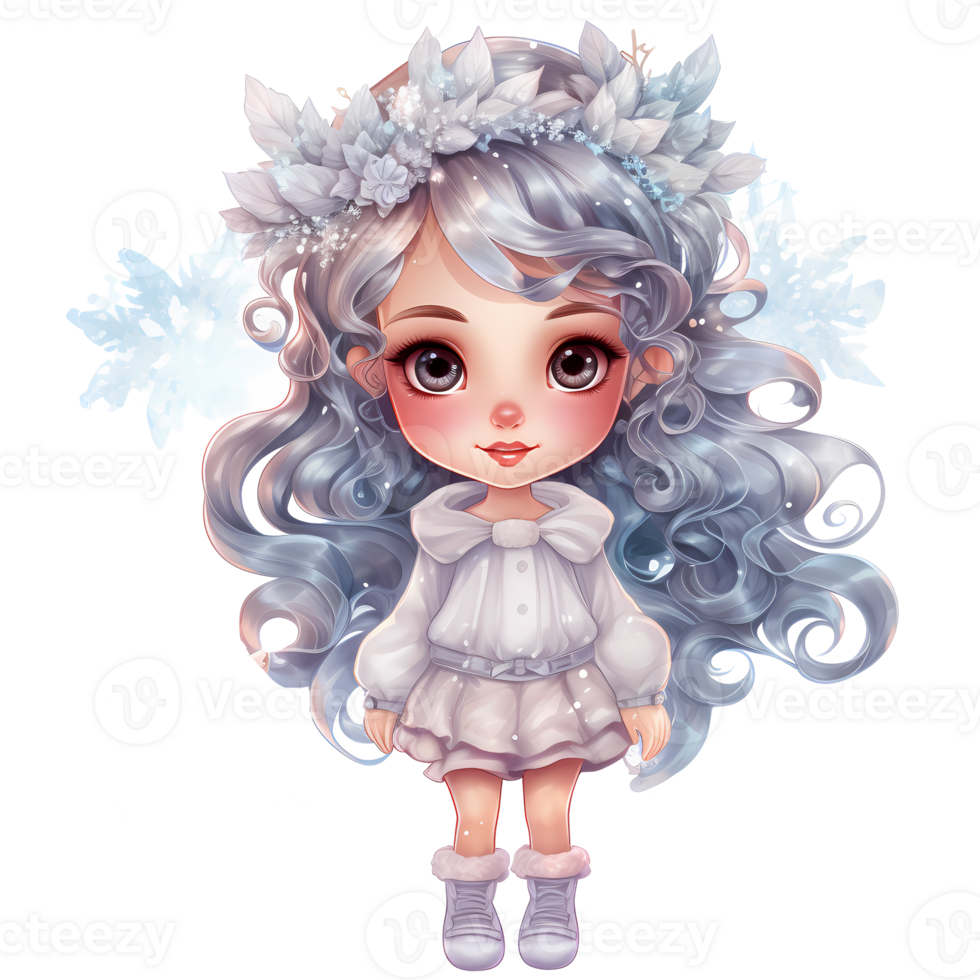 Cute little winter princess in a blue dress and crown, Watercolor illustration AI Generative png