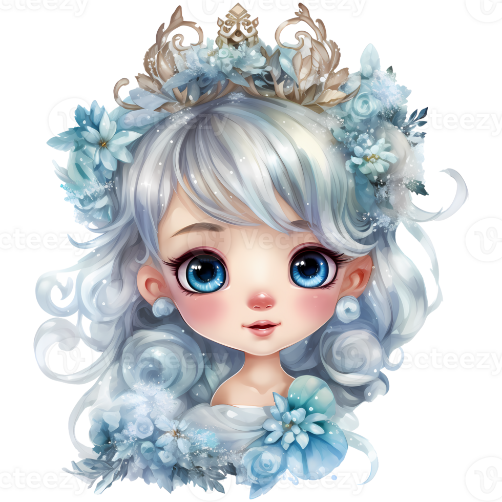 süß wenig Winter Prinzessin im ein Blau Kleid und Krone, Aquarell Illustration ai generativ png