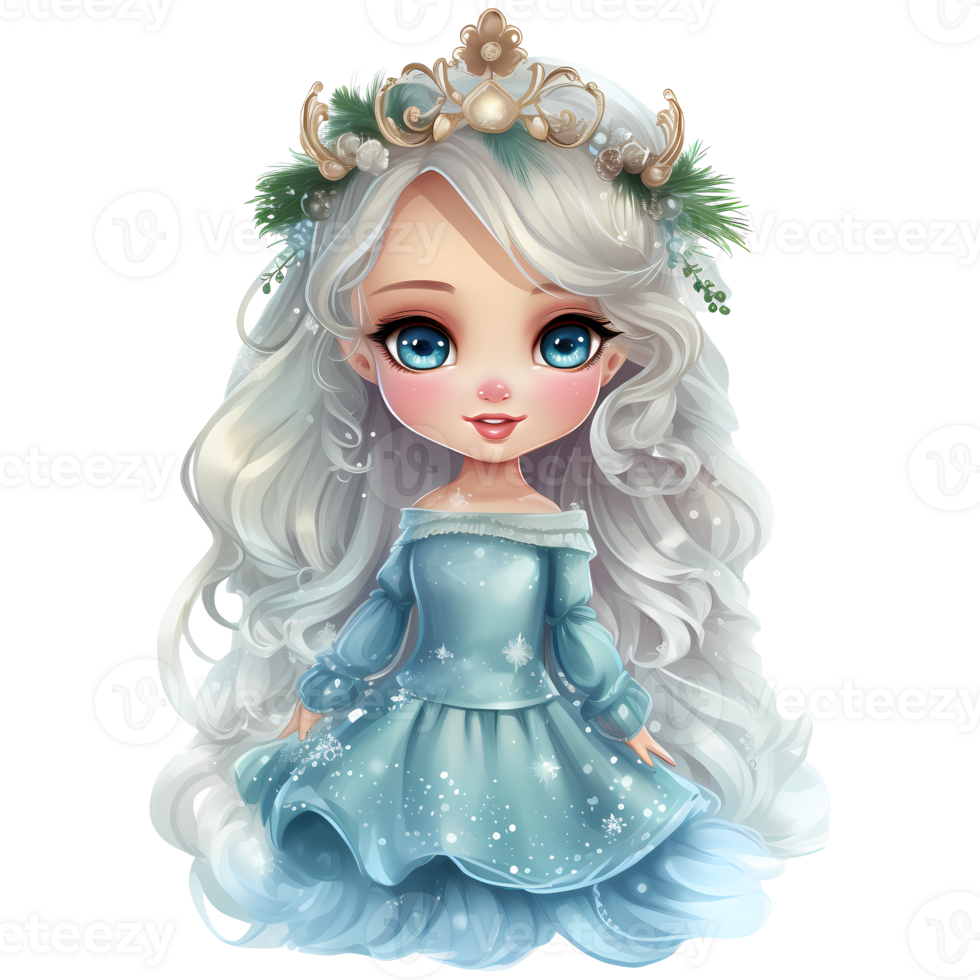 Cute little winter princess in a blue dress and crown, Watercolor illustration AI Generative png