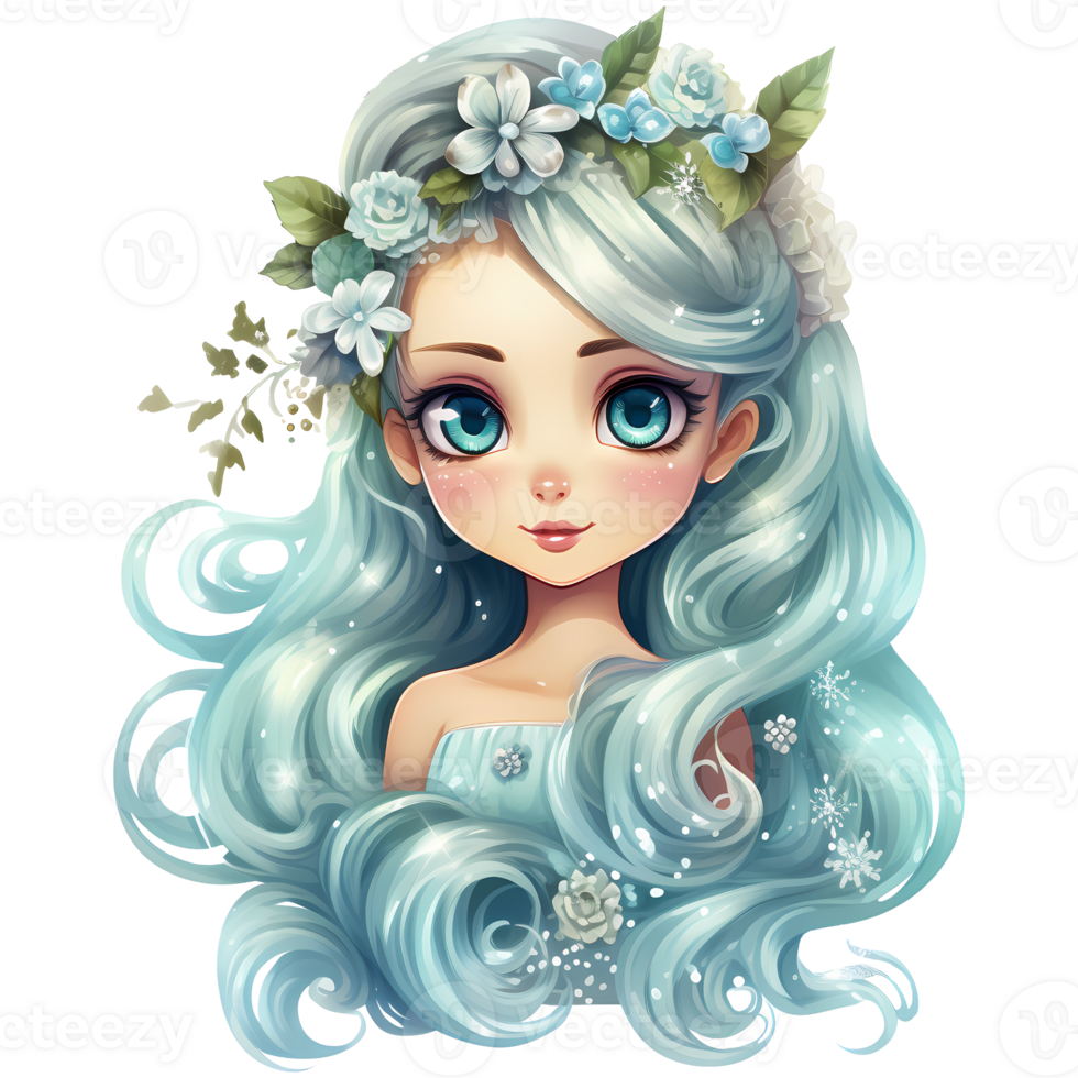 mignonne peu hiver Princesse dans une bleu robe et couronne, aquarelle illustration ai génératif png