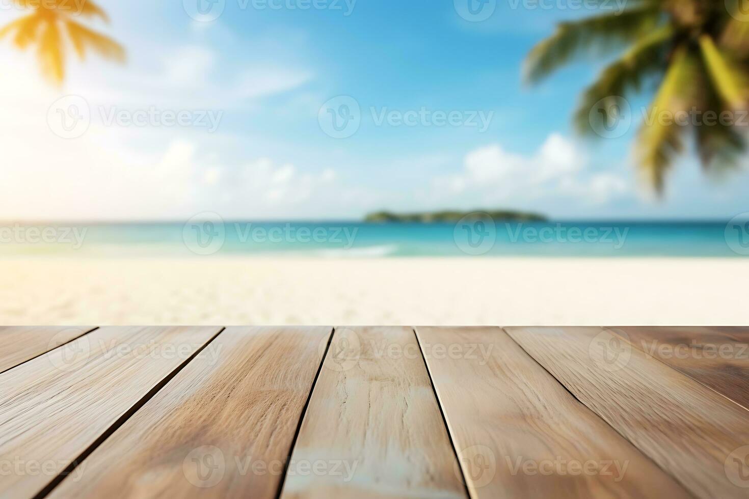 wood table top on blur beach background, can be used for display or montage your products AI Generative photo