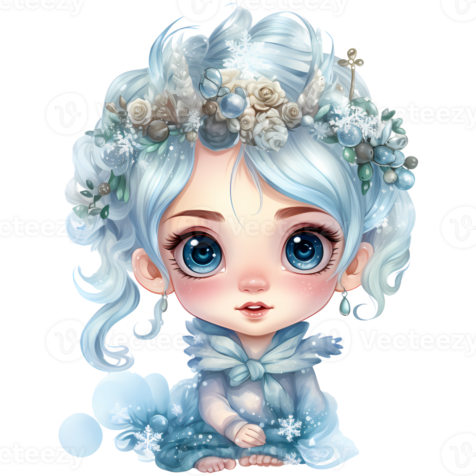 Cute little winter princess in a blue dress and crown, Watercolor illustration AI Generative png