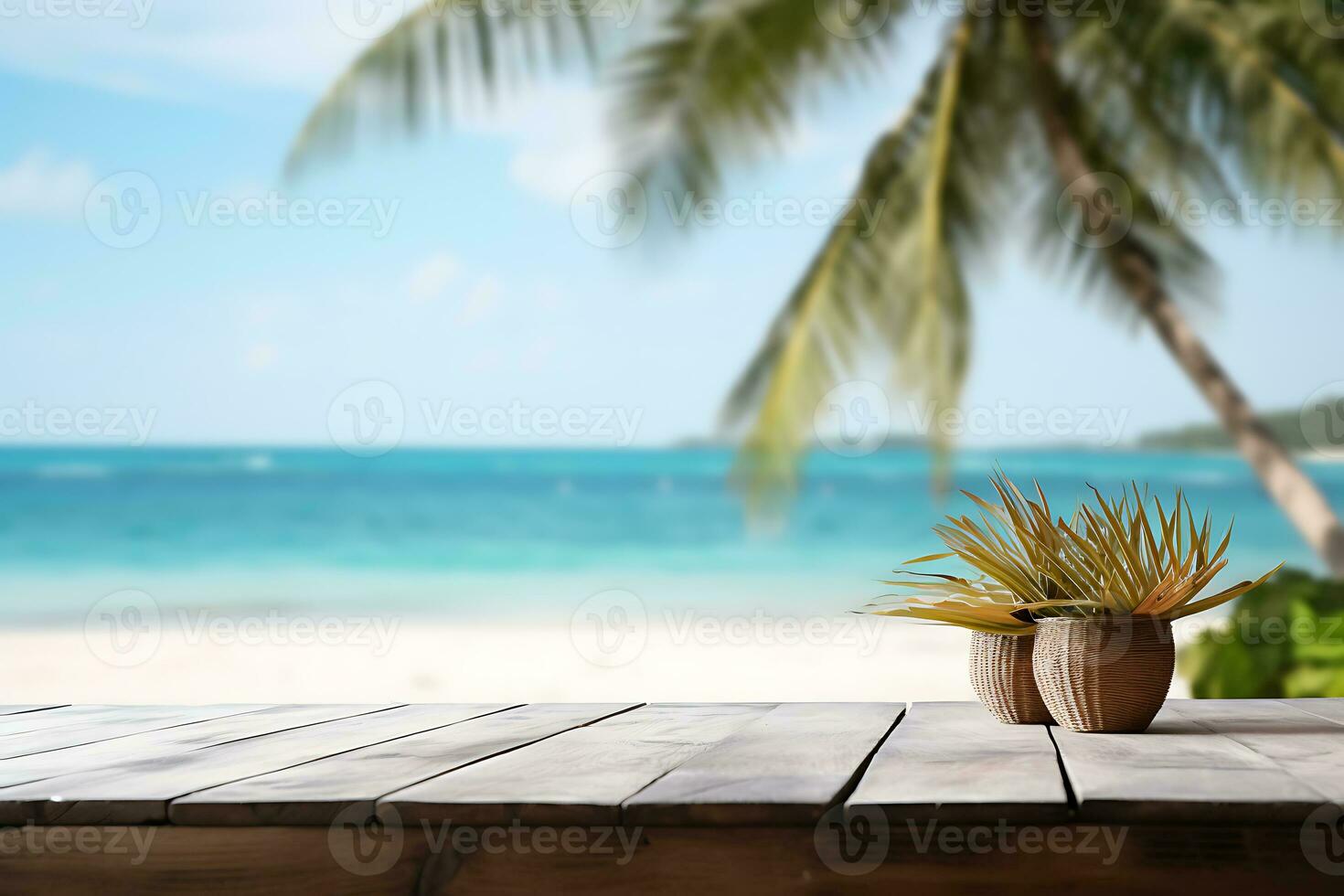 wood table top on blur beach background, can be used for display or montage your products AI Generative photo