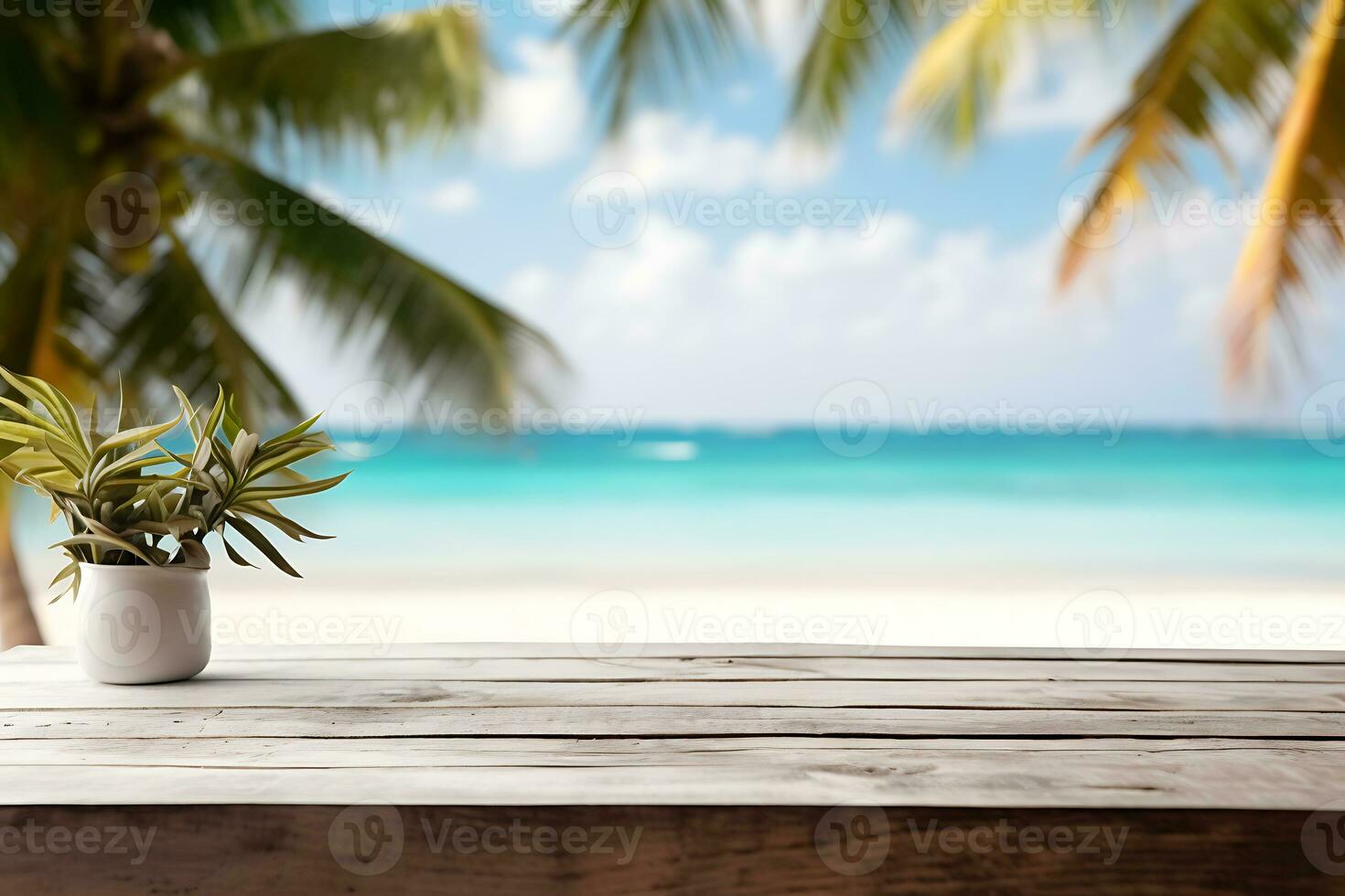 wood table top on blur beach background, can be used for display or montage your products AI Generative photo