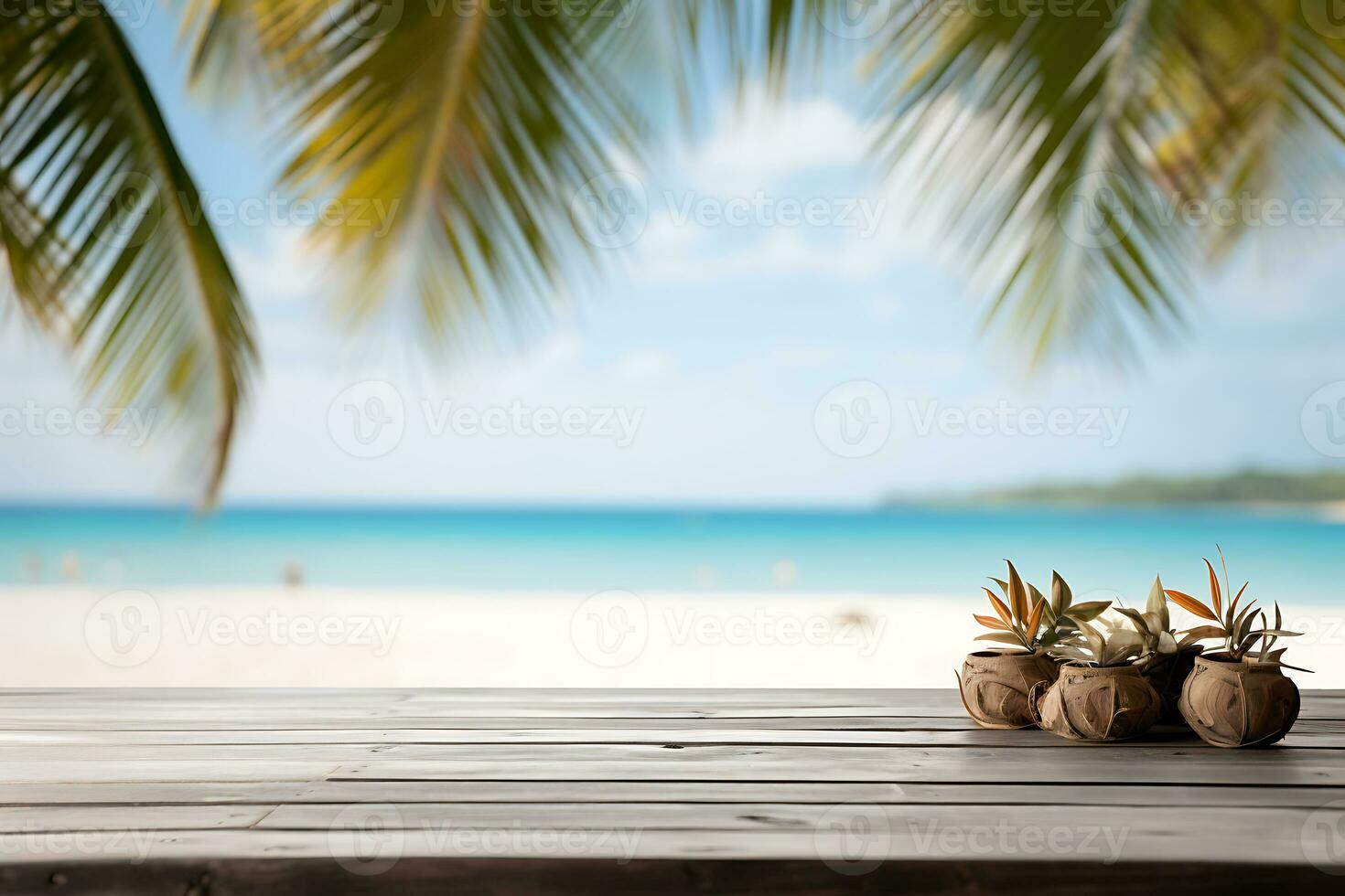 wood table top on blur beach background, can be used for display or montage your products AI Generative photo