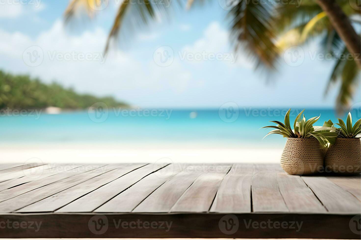 wood table top on blur beach background, can be used for display or montage your products AI Generative photo
