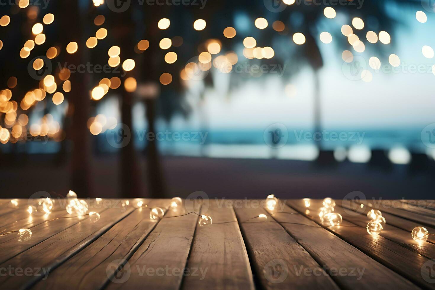 wood table top on blur beach party night background AI Generative photo