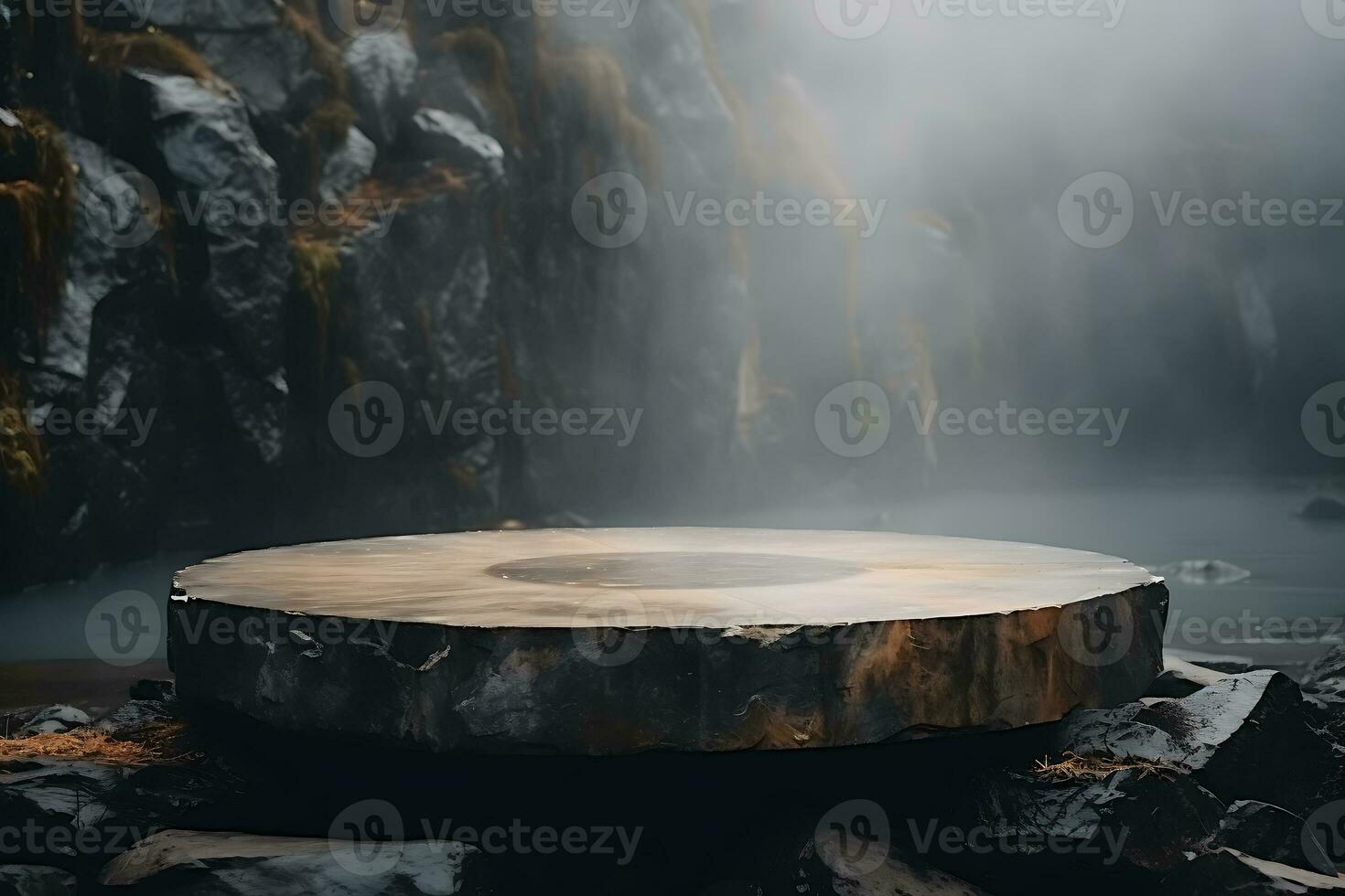 A round podium with smoke on a rainforest backdrop, can be used for display or montage your products AI Generative photo