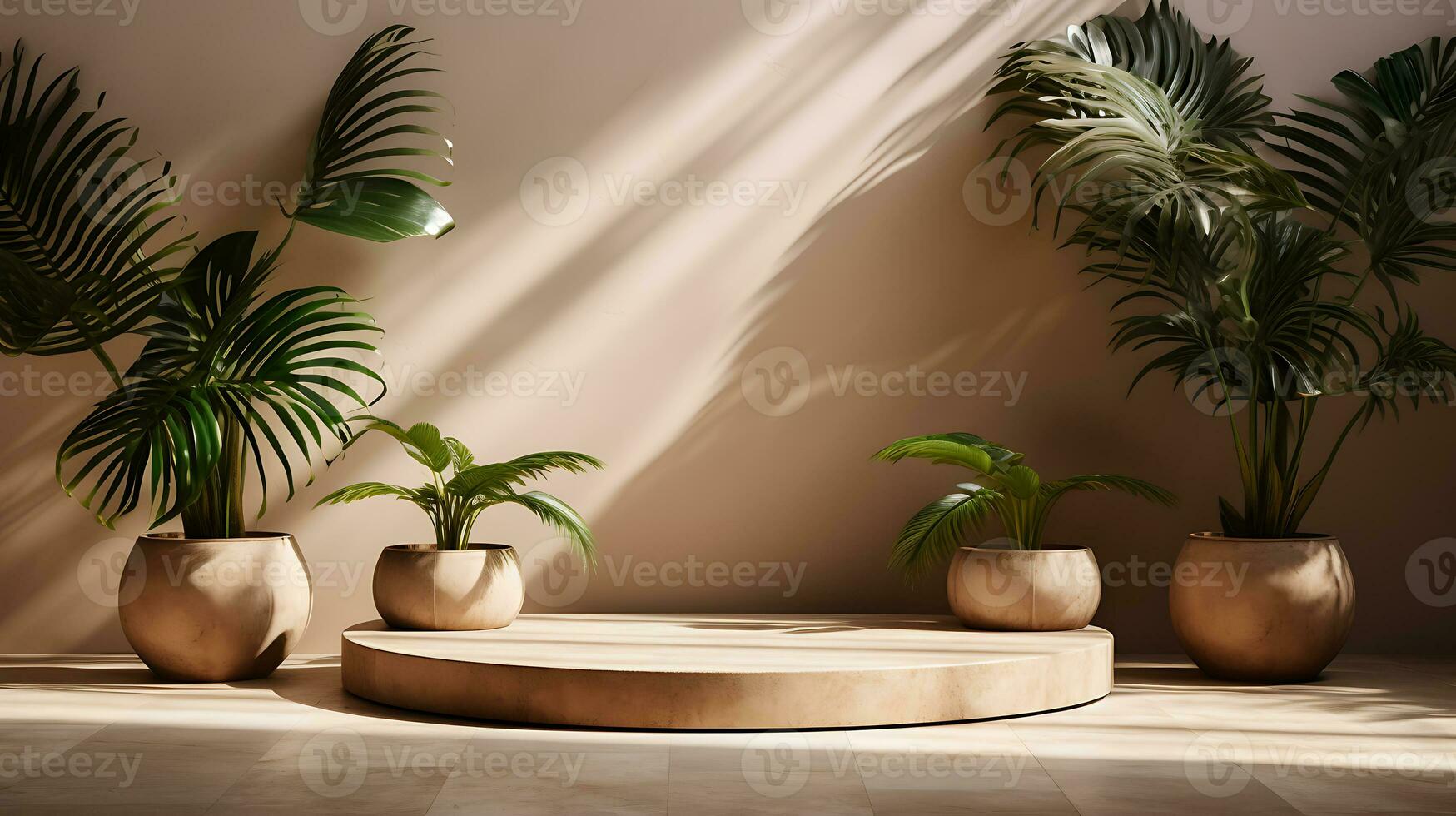 3D render, abstract minimal scene with geometrical forms, palm leaves, podium for product presentation AI Generative photo