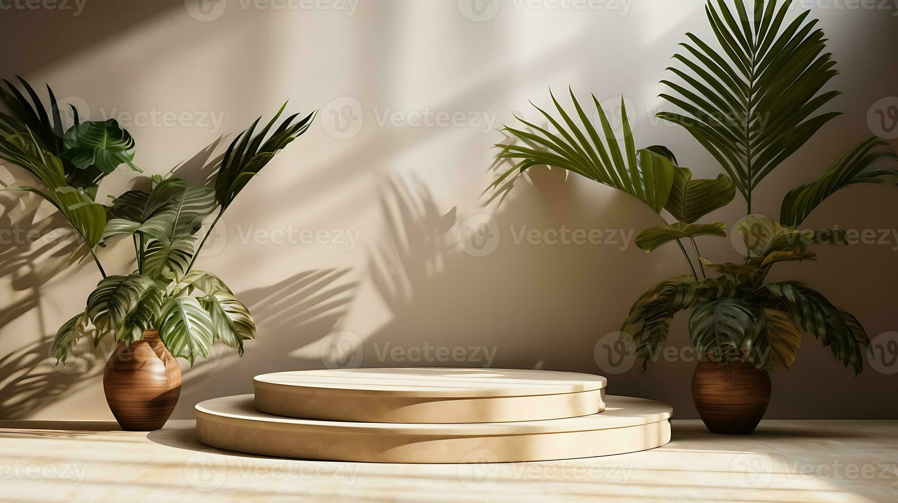 3D render, abstract minimal scene with geometrical forms, palm leaves, podium for product presentation AI Generative photo