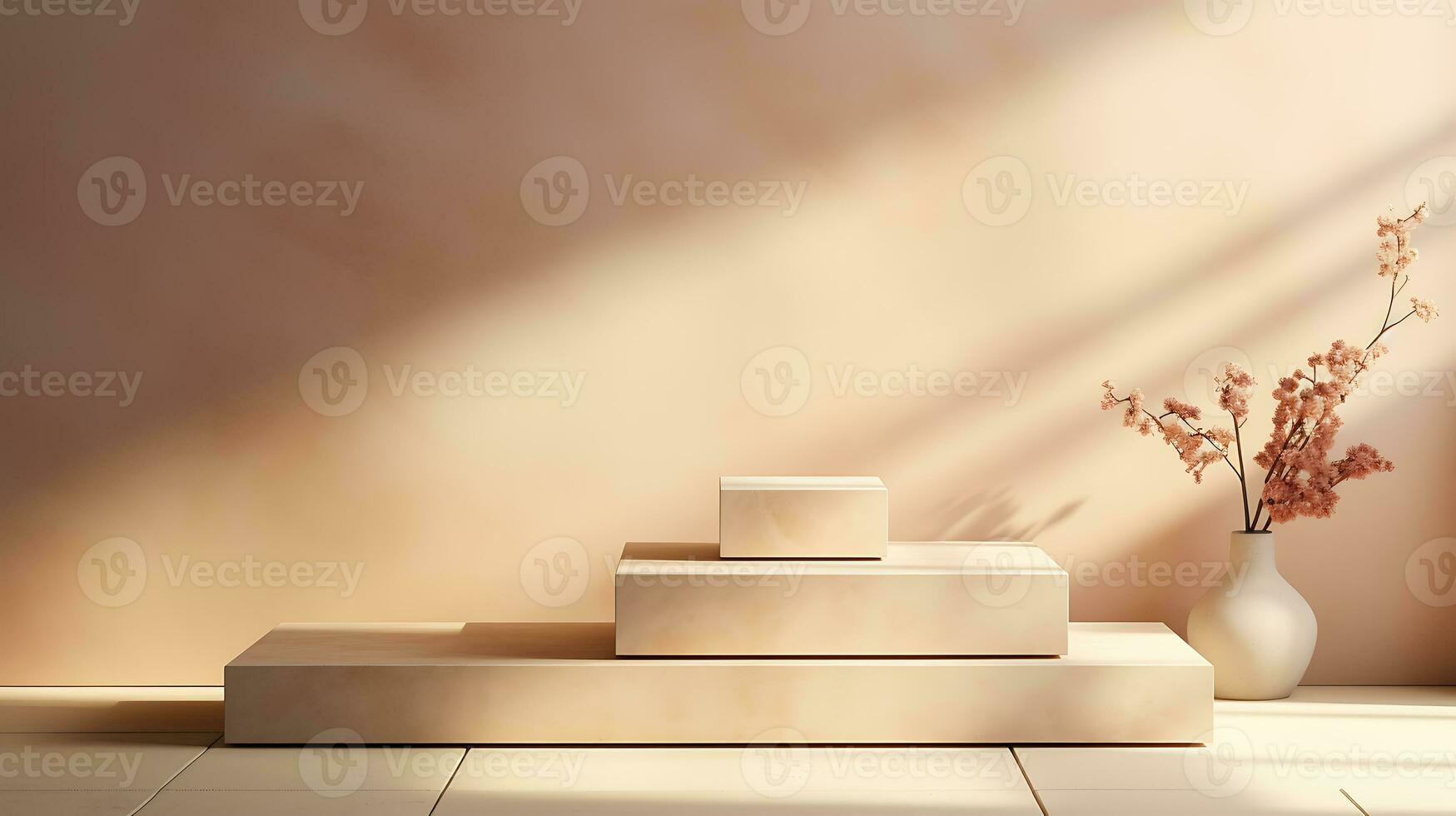 3D render, abstract minimal scene with geometrical forms, palm leaves, podium for product presentation AI Generative photo