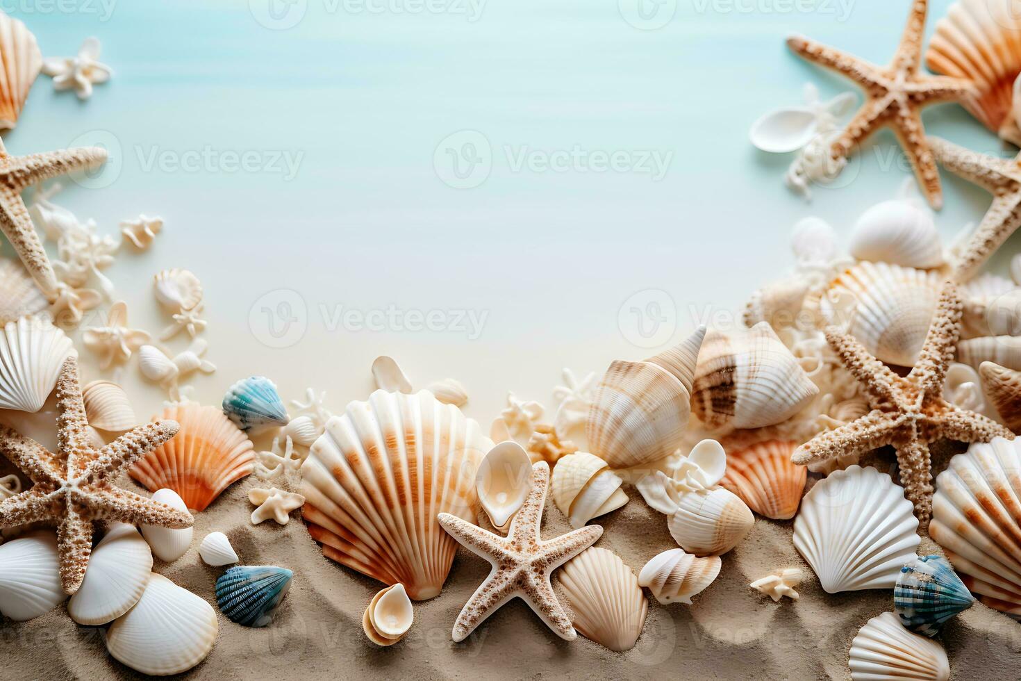 Summer background with seashells and starfish on a sandy beach Copy space AI Generative photo