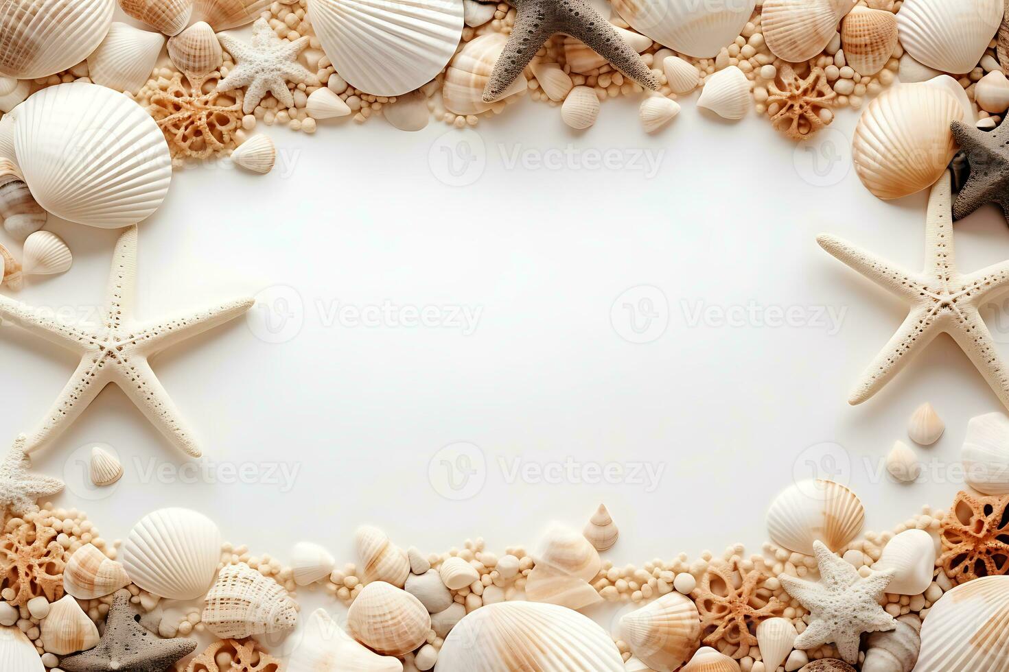 Frame made of seashells and starfish on sand background AI Generative photo