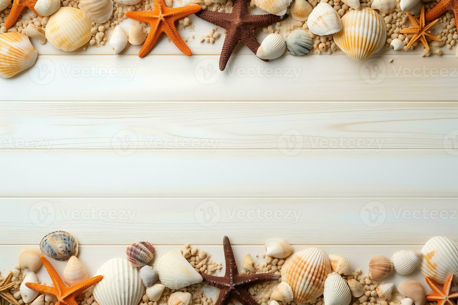 Frame made of seashells and starfish on sand background AI Generative photo