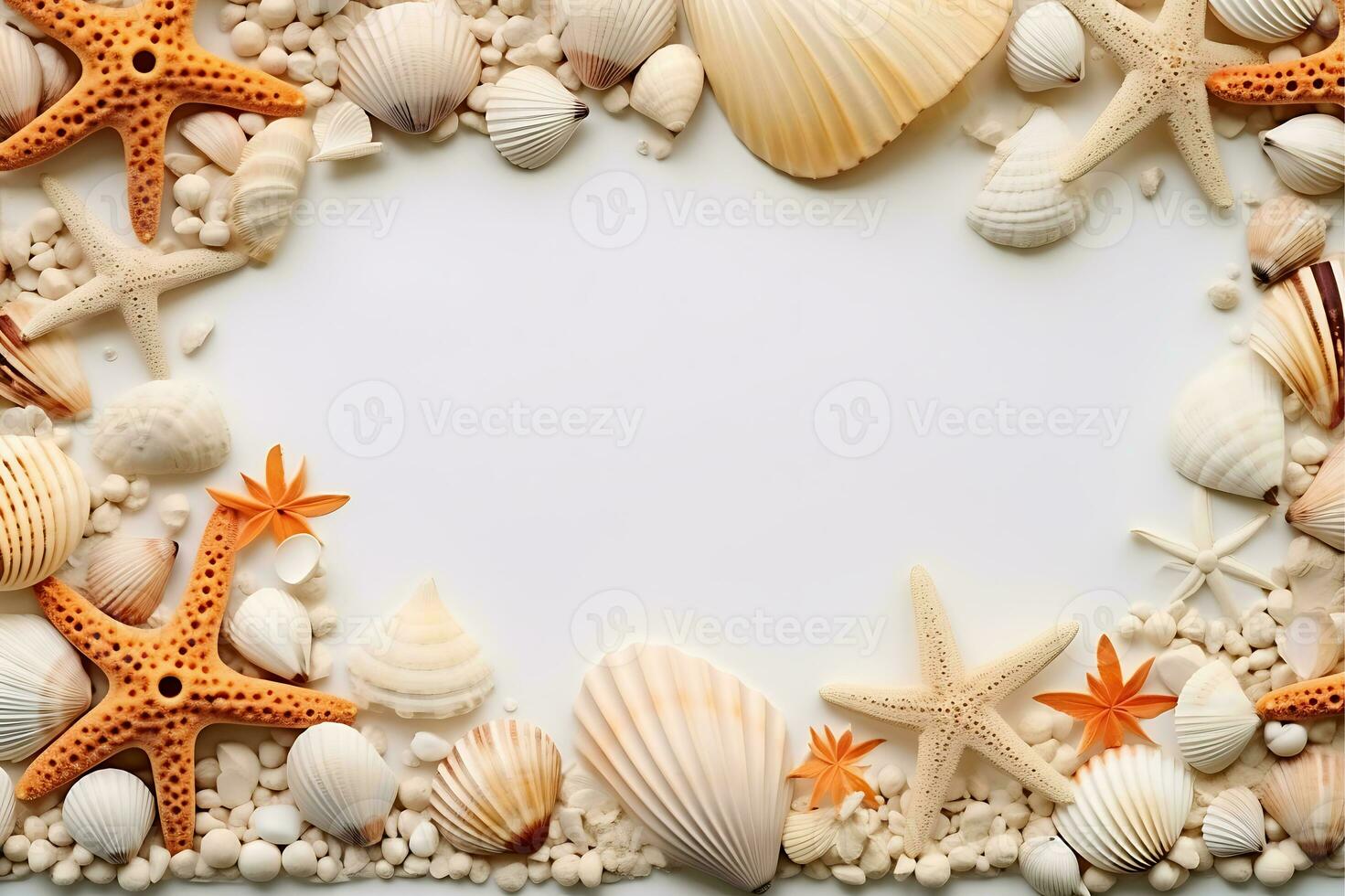 Frame made of seashells and starfish on sand background AI Generative photo