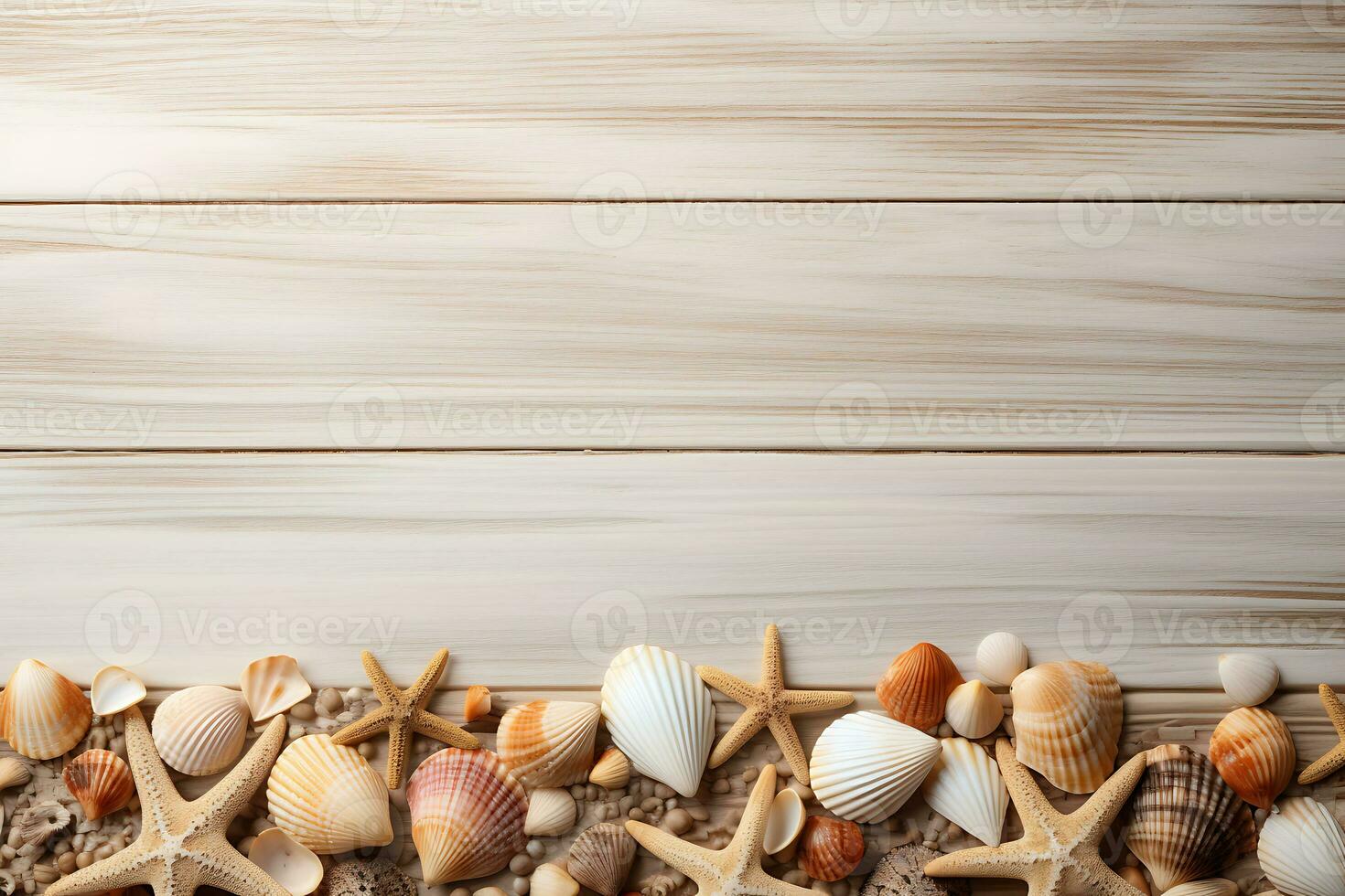 Summer sea holiday background - shells, star on a wooden blue background AI GenerativeSummer sea holiday background - shells, star on a wooden blue background AI Generative photo