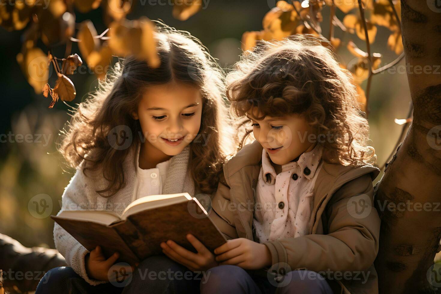 A child is reading a book in Autumn Park. Cute children having fun outdoors AI Generative photo