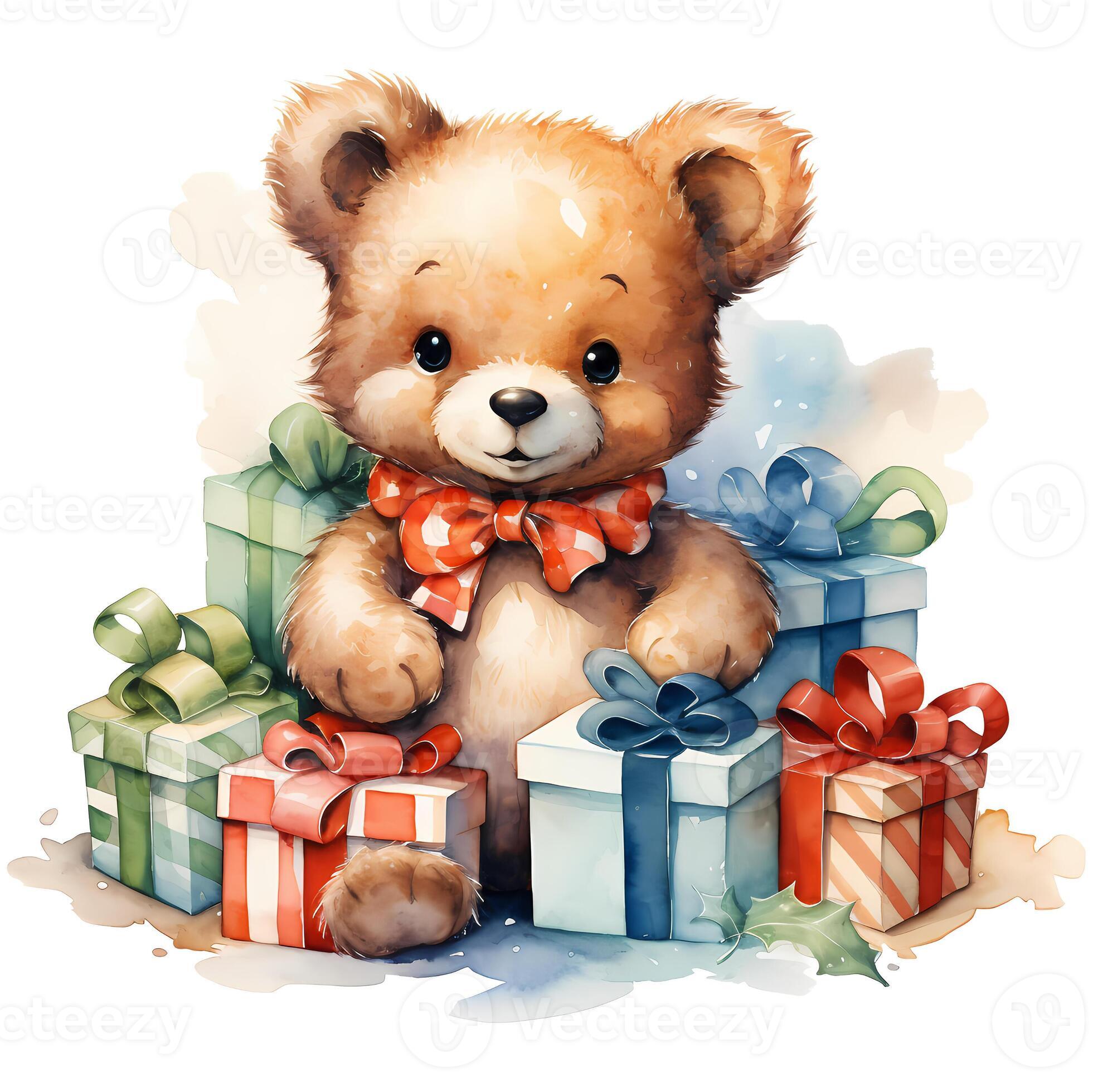 Cute teddy bear holding a stack of Christmas gifts on white background