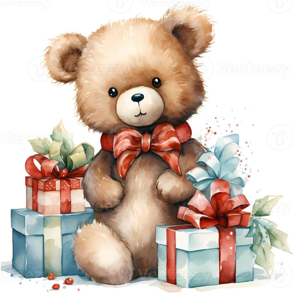 Cute teddy bear holding a stack of Christmas gifts on white background illustration AI Generative photo