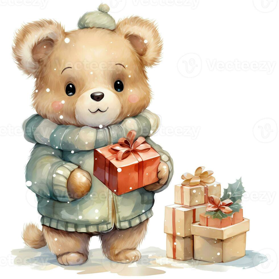 Cute teddy bear holding a stack of Christmas gifts on white background illustration AI Generative photo