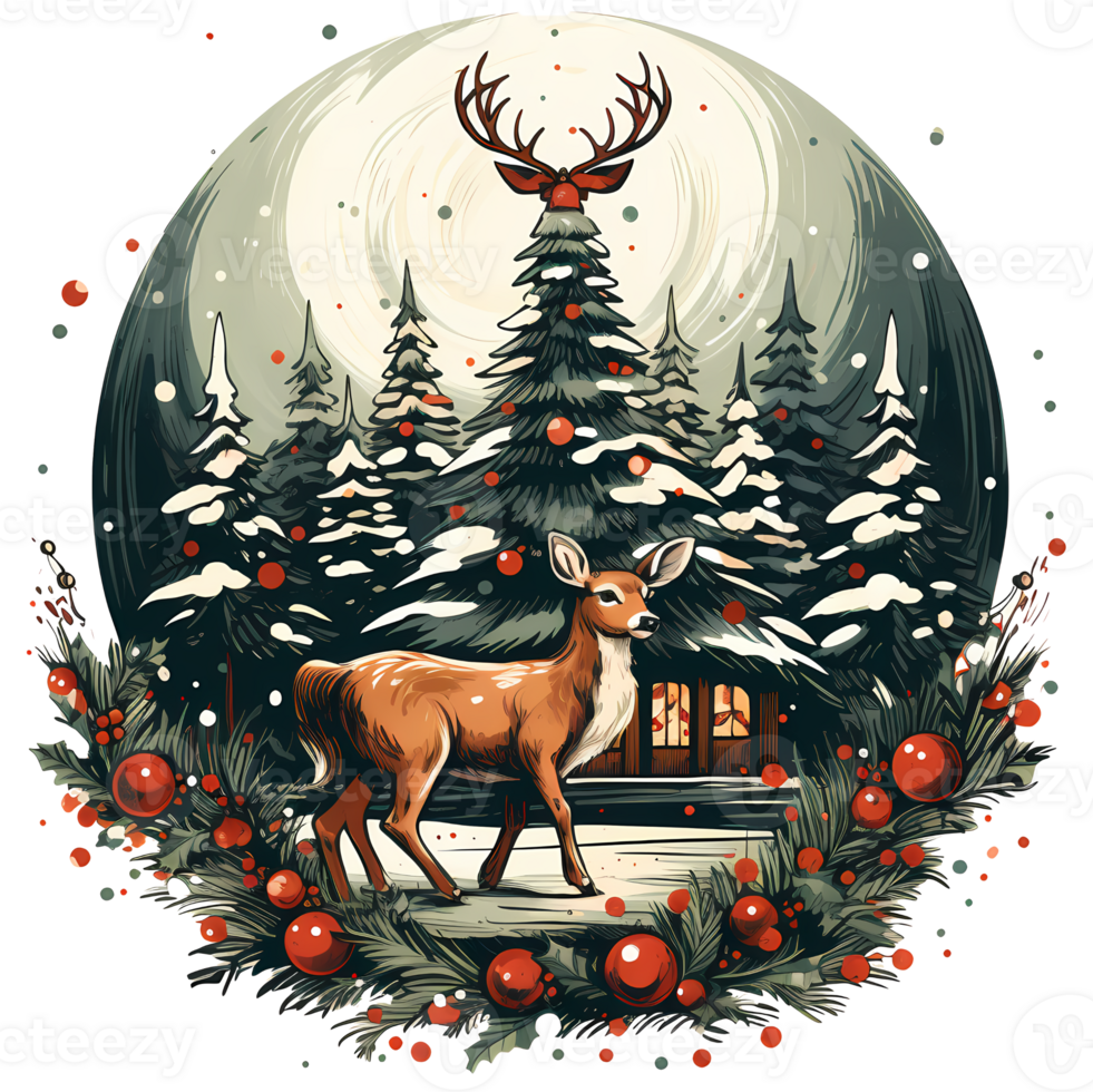 Raindeer with christmas tree in the forest. Watercolor illustration AI Generative png
