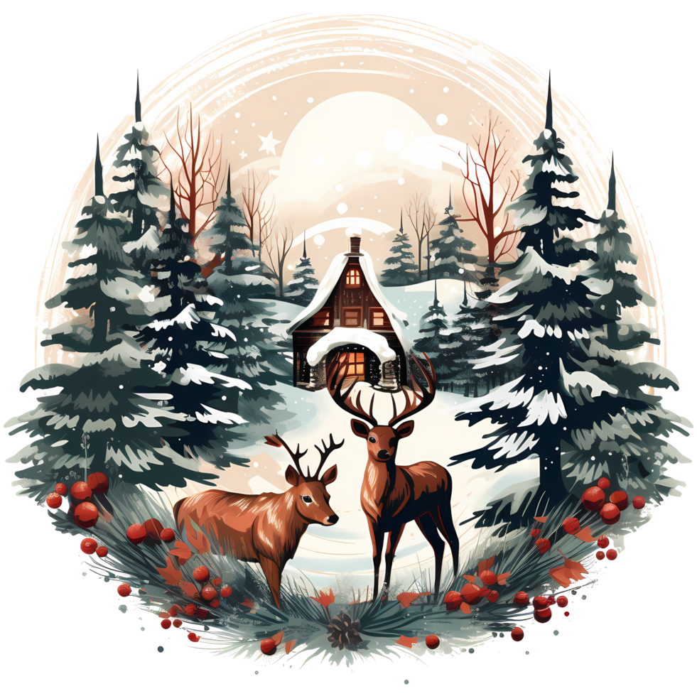 Raindeer with christmas tree in the forest. Watercolor illustration AI Generative png