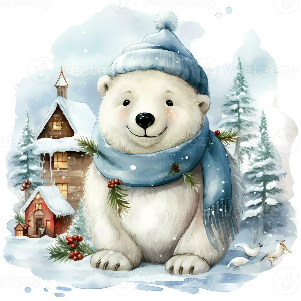 A white polar bear in a Santa Claus hat and scarf sits on a snowy background AI Generative photo