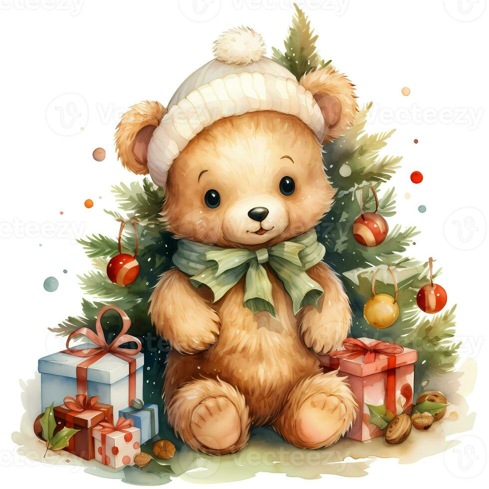 Cute teddy bear in a Santa Claus hat with a gift and a Christmas tree AI Generative photo