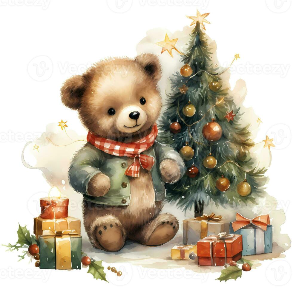 Cute teddy bear in a Santa Claus hat with a gift and a Christmas tree AI Generative photo