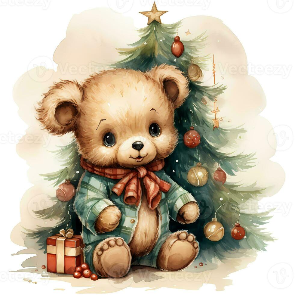 Cute teddy bear in a Santa Claus hat with a gift and a Christmas tree AI Generative photo