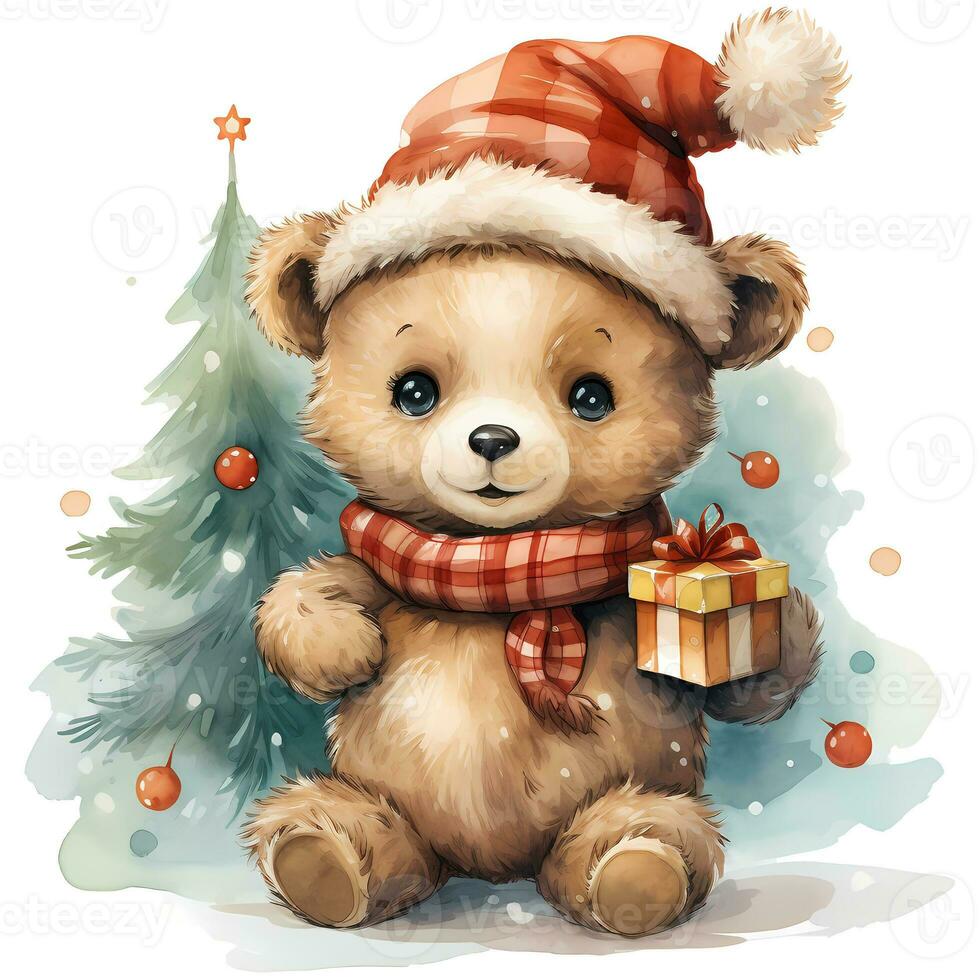 Cute teddy bear in a Santa Claus hat with a gift and a Christmas tree AI Generative photo