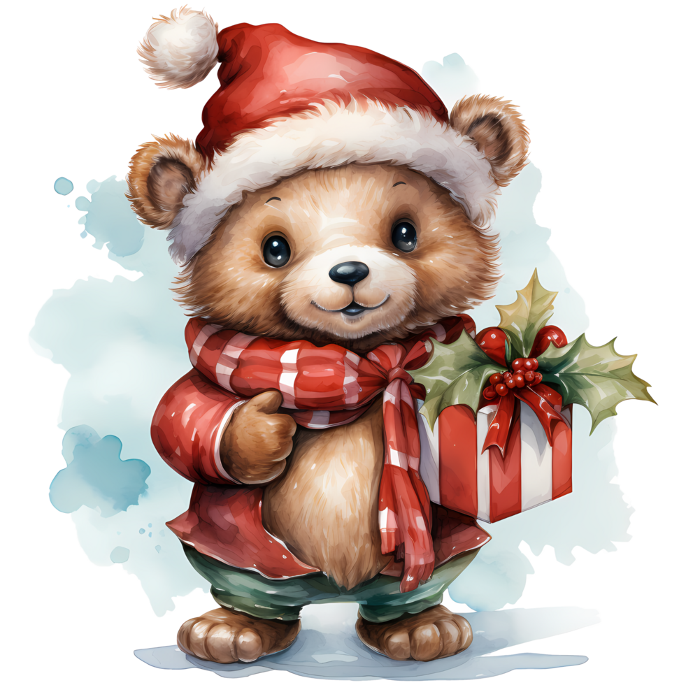 mignonne nounours ours dans une Père Noël claus chapeau avec une cadeau ai génératif png