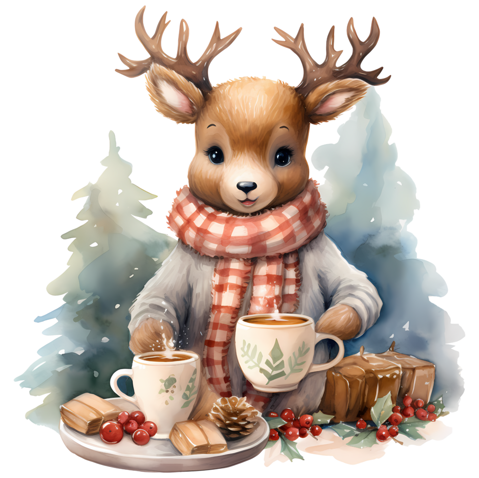 carino cartone animato renna con tazza di caffè e Natale decorazione ai generativo png