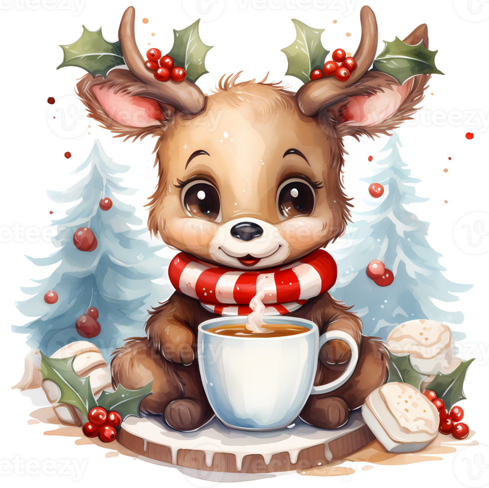 carino cartone animato renna con tazza di caffè e Natale decorazione ai generativo png