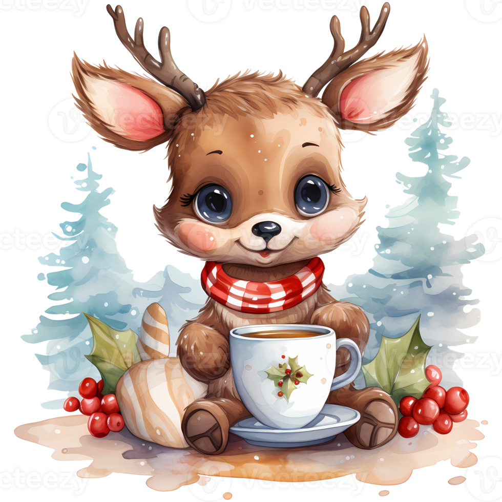 Cute cartoon reindeer with cup of coffee and christmas decoration AI Genrative png