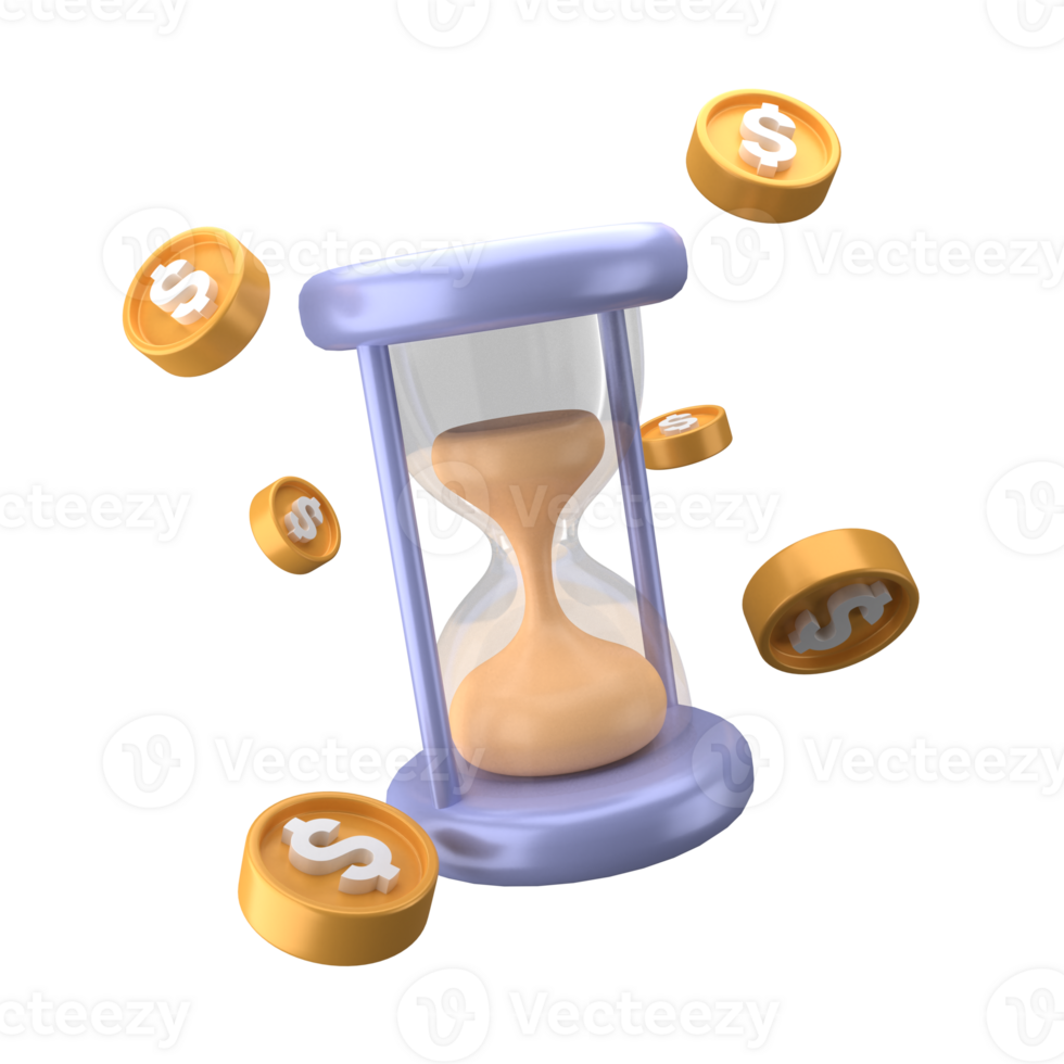 3d rendering of clock and hourglass icon, fit for design assets of business or finance, purple icon, 3d icons set png