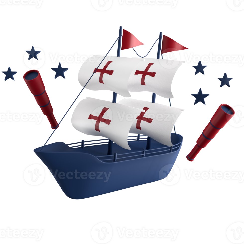 3d rendering of sailing boat for place on content of Happy Columbus Day, 3d icon set of Columbus Day with difference color png
