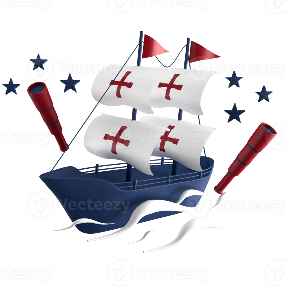 3d rendering of sailing boat for place on content of Happy Columbus Day, 3d icon set of Columbus Day with difference color png