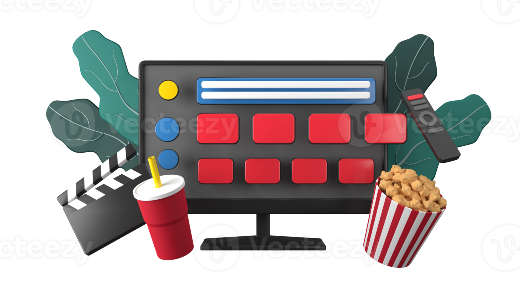 3d rendering of movie time at home using smart tv, suitable to web design, mobile design, 3d illustration png