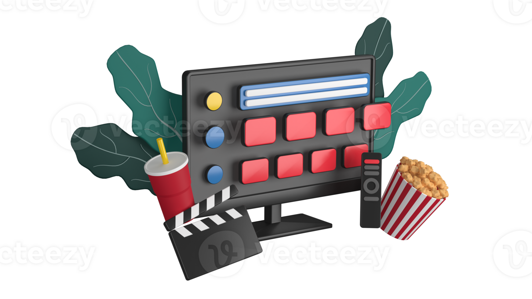 3d rendering of movie time at home using smart tv, suitable to web design, mobile design, 3d illustration png