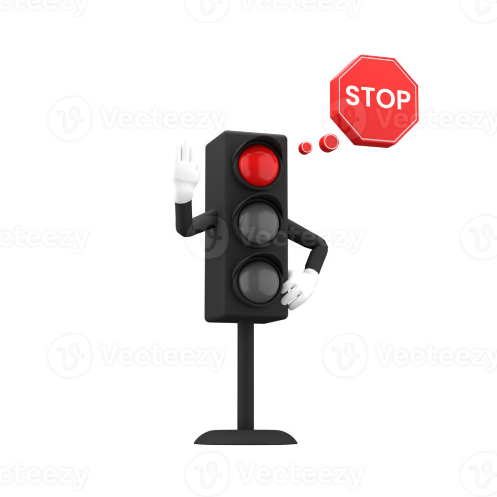 3d rendering of red traffic light and stop sign with expressive hand, 3d icons set png