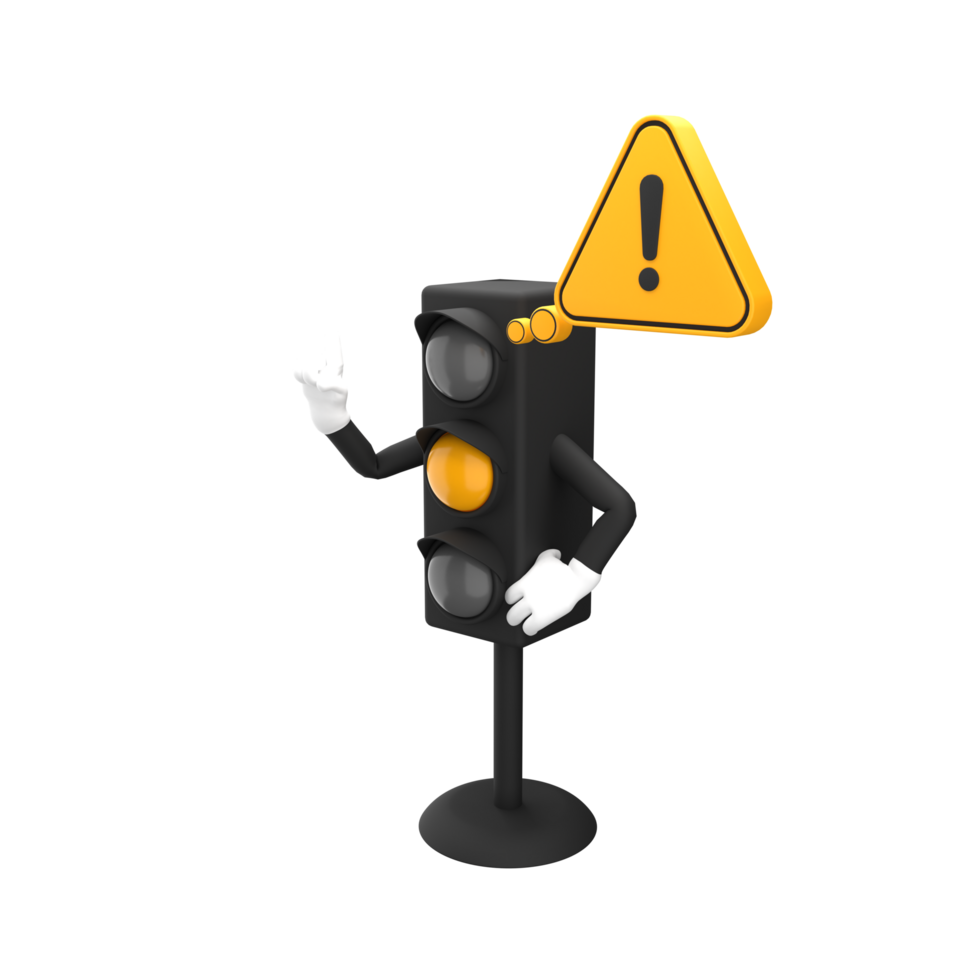 3d rendering of yellow traffic light and warning sign with expressive hand, 3d icons set png
