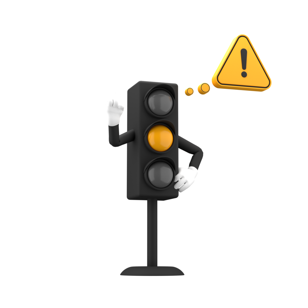 3d rendering of yellow traffic light and warning sign with expressive hand, 3d icons set png