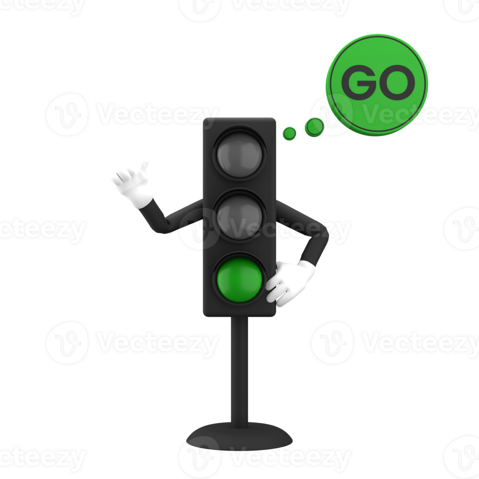 3d rendering of green traffic light and go sign with expressive hand, 3d icons set png