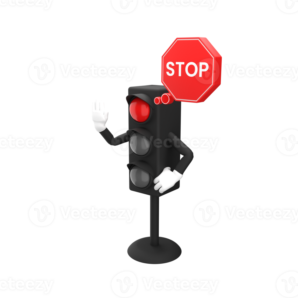 3d rendering of red traffic light and stop sign with expressive hand, 3d icons set png