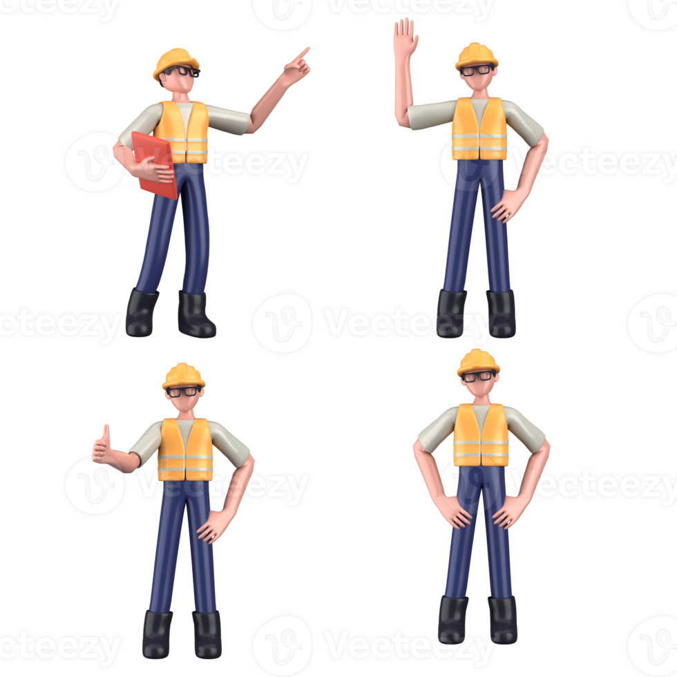 Construction worker in various poses. Labor Day. 3d illustration isolated on white background. png