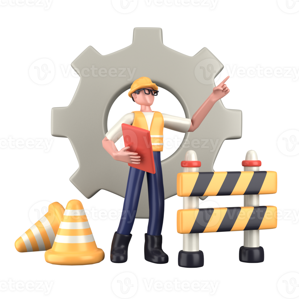 3d illustration of engineer with gear wheel and traffic cones. Labor Day. Isolated transparent background. png