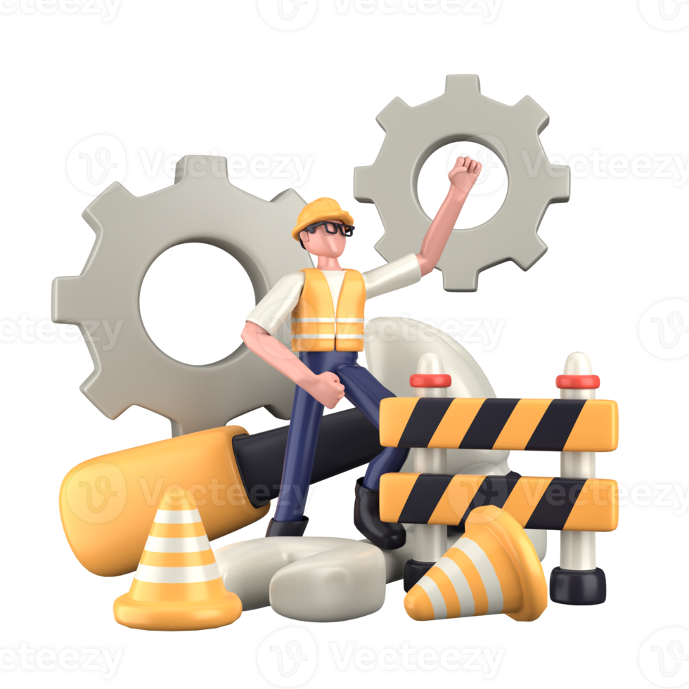 3d illustration of engineer with gear wheel and traffic cones. Labor Day. Isolated transparent background. png